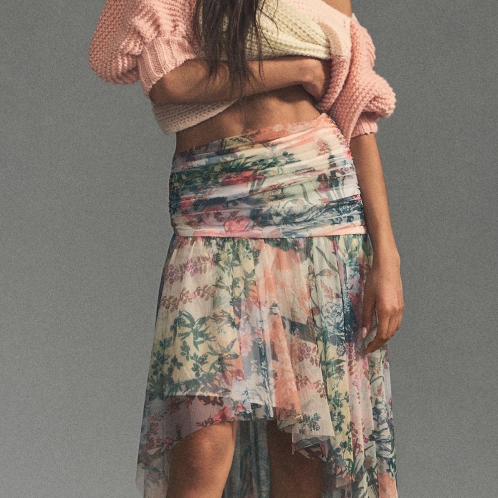 Anthropologie Pink Green Asymmetrical Midi Skirt